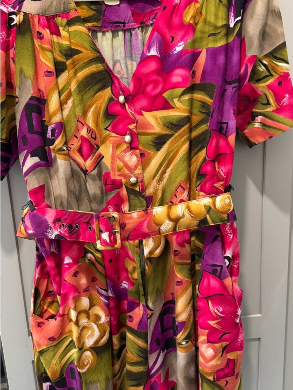 S.L. Fashions Floral Print Dress in Fuchsia, Purple and Green